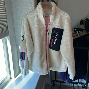 Peloton Sherpa White Hot Pink Navy Zip Teddy Fleece Womens Jacket Size L